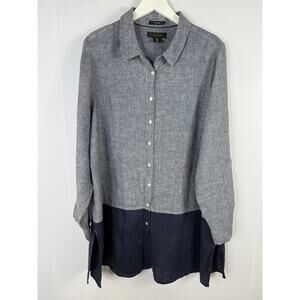 Tahari Linen Tunic Womens 1X Blue Color Block Button Up Top Roll Tab Minimalist